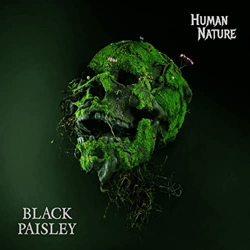 Skull covered in green moss, album cover for Black Paisley’s Human Nature.