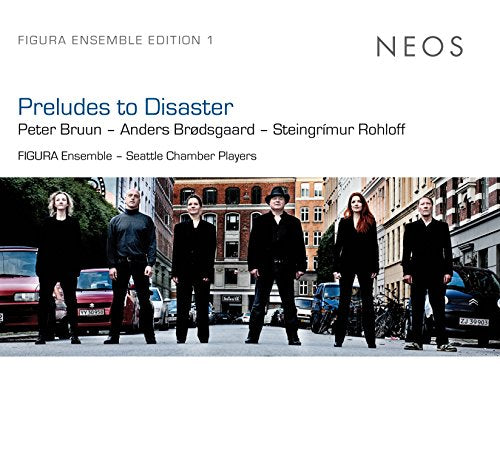 "CD cover with five musicians standing on a city street, dressed in black."