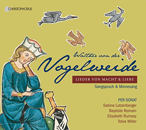 "CD cover art featuring a medieval man surrounded by birds on a yellow background."