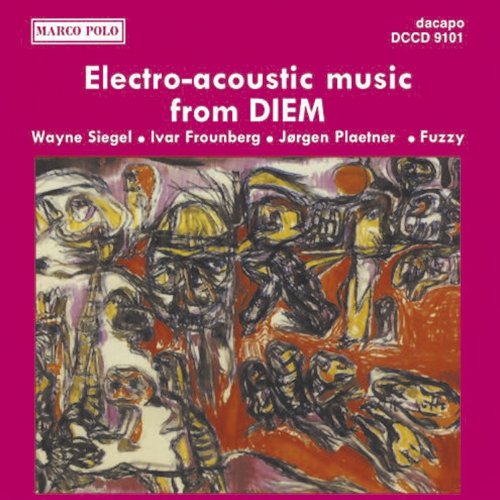 "Pink CD cover with abstract art and white text, featuring 'Electro-acoustic music from DIEM'."