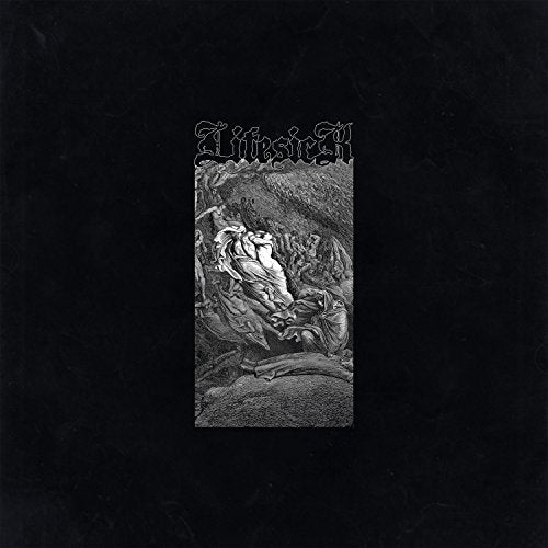 Black album cover with a central, intricate, black-and-white illustration and gothic text.