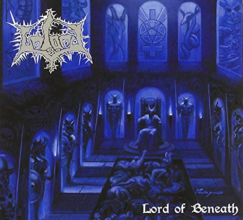 Dark blue album cover with gothic lettering and demonic imagery.