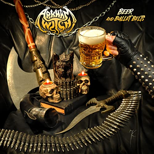 CD cover: skull, beer, weapons, and dark aesthetic with "Arkham Witch" text.