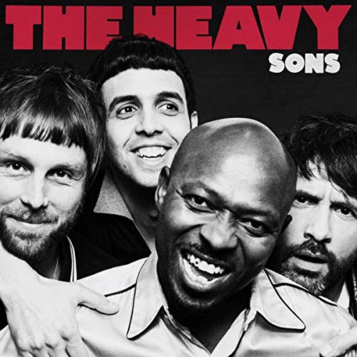 "Album cover with four men in black and white, 'THE HEAVY' and 'SONS' in red and white."