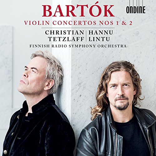 "CD cover featuring two men and text about Bartok's Violin Concertos."