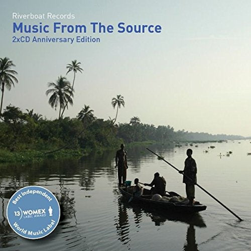 "CD cover with serene river scene, silhouetted figures in a boat, and palm trees."
