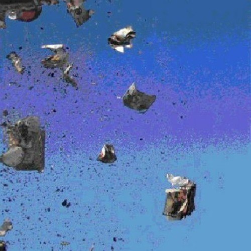 Shattered CD case fragments against a blue and purple gradient background.