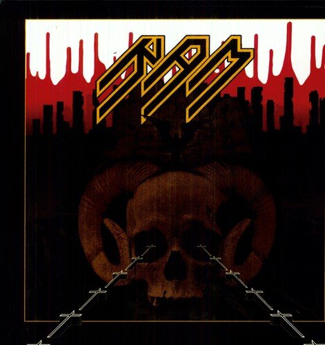 "Album cover featuring a skull with horns and a city skyline in the background."