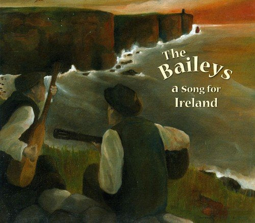 "Album cover art: two men sitting by a cliffside, holding instruments."
