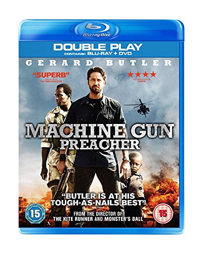 “Machine Gun Preacher” Blu-ray case featuring Gerard Butler and child actors.