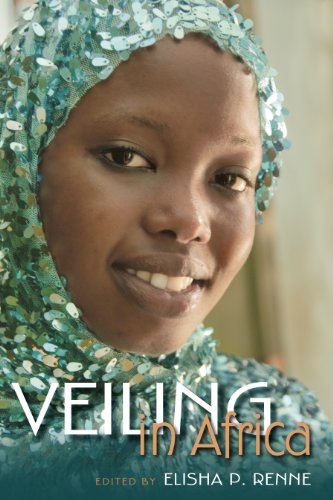Book cover featuring a smiling woman wearing a blue sequined headscarf, titled "Veiling in Africa".