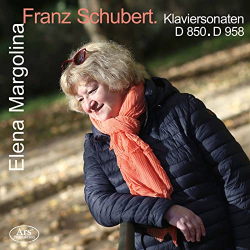 CD cover featuring pianist Elena Margolina in a navy jacket and orange scarf.