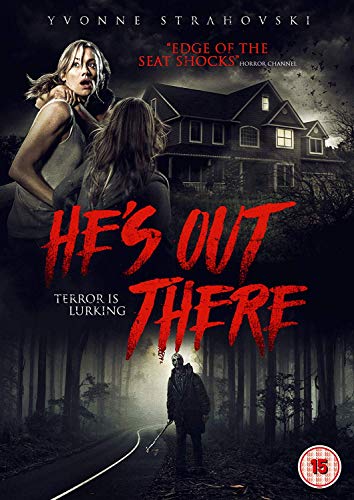 DVD cover for horror film "He's Out There" featuring a woman, house, and masked figure.