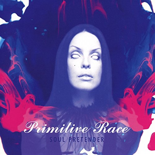 The image is a CD cover for "Primitive Race - Soul Pretender". The alt text for the image is: "CD cover with a woman's face and red abstract shapes."