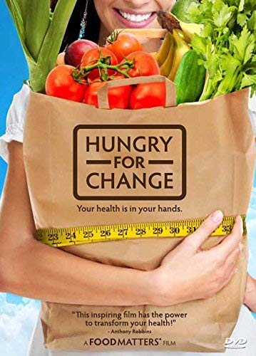 DVD cover for “Hungry For Change” featuring produce and a woman.