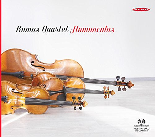 CD cover featuring stacked violins and the text "Kamus Quartet Homunculus.