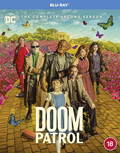 "Blu-ray cover featuring the main characters of Doom Patrol in a garden."