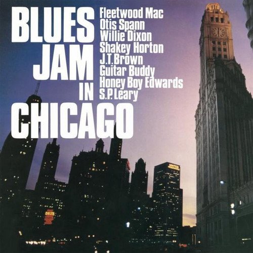 "Album cover with 'Blues Jam in Chicago' text and city skyline at dusk."