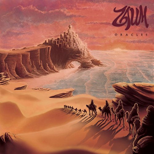 Desert landscape with figures on camels before a coastal fortress.