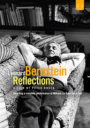 Leonard Bernstein reclining on a patterned couch, DVD cover art.