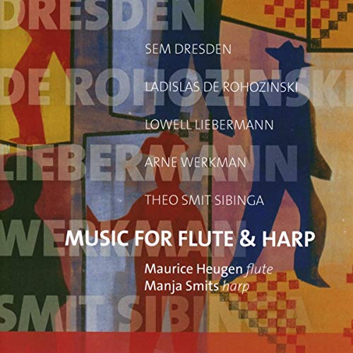 "Album cover with abstract, colorful background and white text listing composers and musicians."