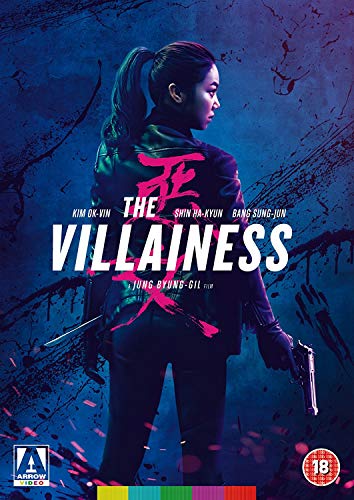 DVD cover for "The Villainess" featuring a woman holding a gun, dark attire, blue background.
