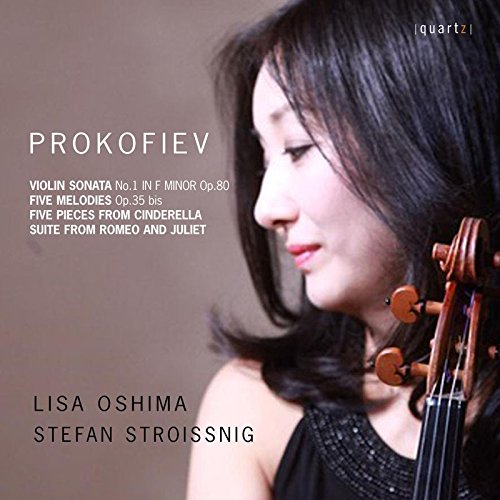 A woman holding a violin, with text listing musical compositions on a brown background.