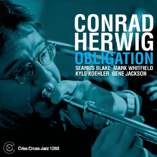 Trombone album cover with a man playing trombone and blue-toned text overlay.