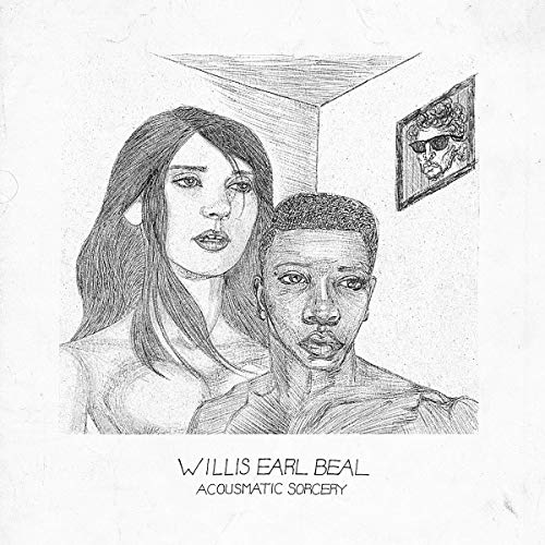 Pencil sketch of two people and a framed portrait, album title below.