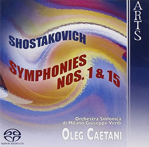 "CD cover with abstract swirling design, text 'Shostakovich Symphonies Nos. 1 & 15' in blue and red."