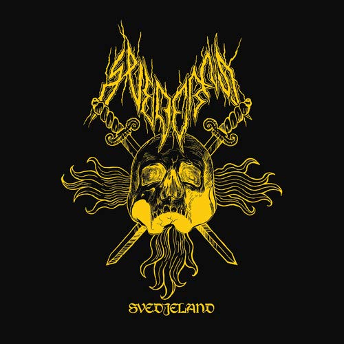 A black album cover with a yellow skull and swords illustration.