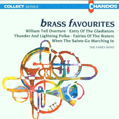 "CD cover with 'Brass Favourites' title, reddish-brown background, and white text listing song titles."