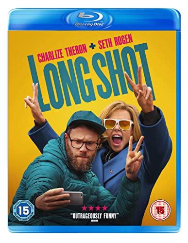 Blu-ray cover art for Long Shot featuring Charlize Theron and Seth Rogen making peace signs.