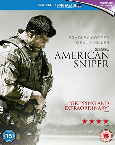 “American Sniper” Blu-ray cover featuring Bradley Cooper as a soldier.