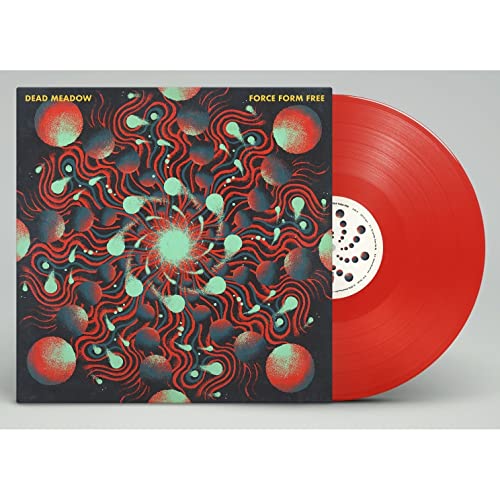 Red vinyl record and cover art with swirling, colorful abstract design.