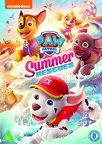 Paw Patrol characters on a beach scene for the "Summer Rescues" DVD.