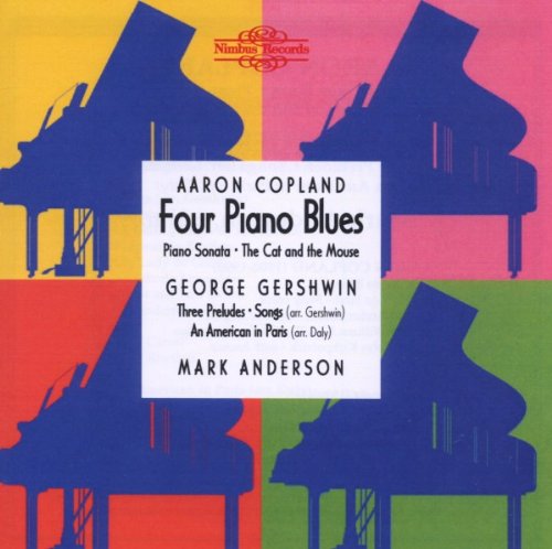 Album cover with blue piano silhouettes on a colorful, divided background.