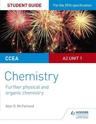 "Textbook cover with fireworks image, titled 'Chemistry' and 'CCEA A2 Unit 1' in blue and red."