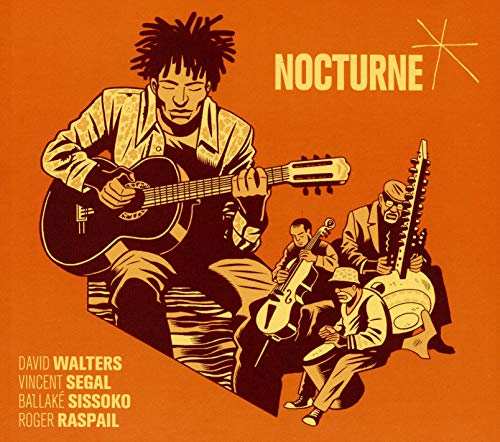 "Album cover art featuring musicians playing instruments, orange background, yellow text and illustrations."