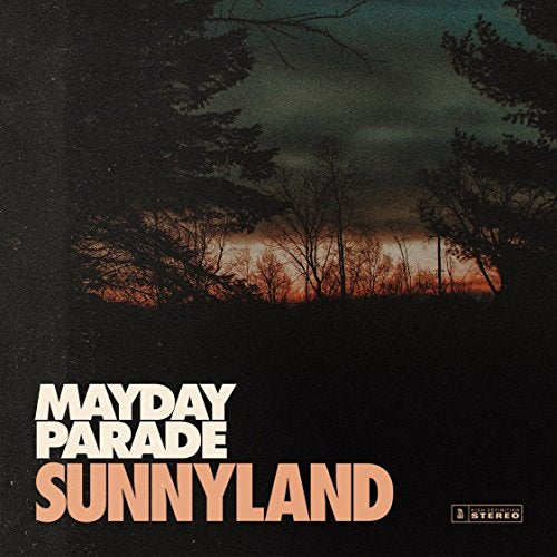 "Album cover with 'Mayday Parade' and 'Sunnyland' text, against a dark landscape background."