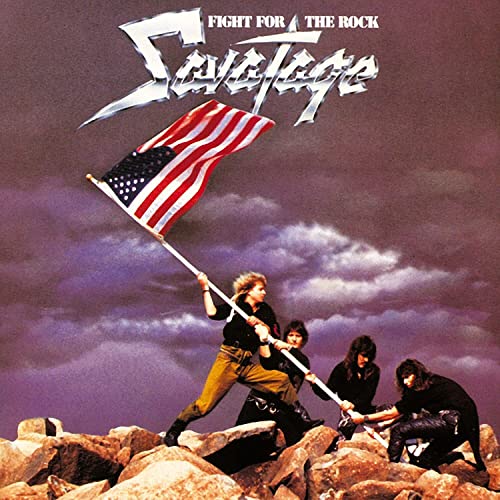 Savatage album cover: band members with an American flag on rocks.