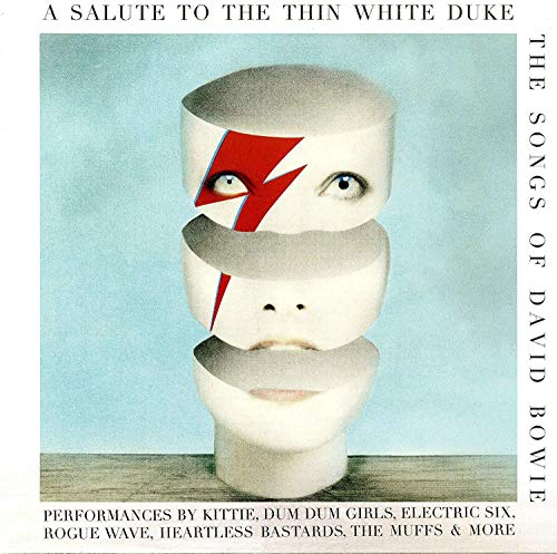 "Album cover featuring a white, multi-layered face with a red lightning bolt on a blue background."