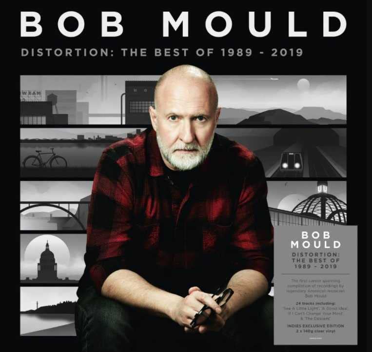Bob Mould album cover featuring a portrait and cityscapes in squares.