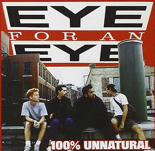 "Album cover with four men sitting on a concrete ledge, urban background, red border."