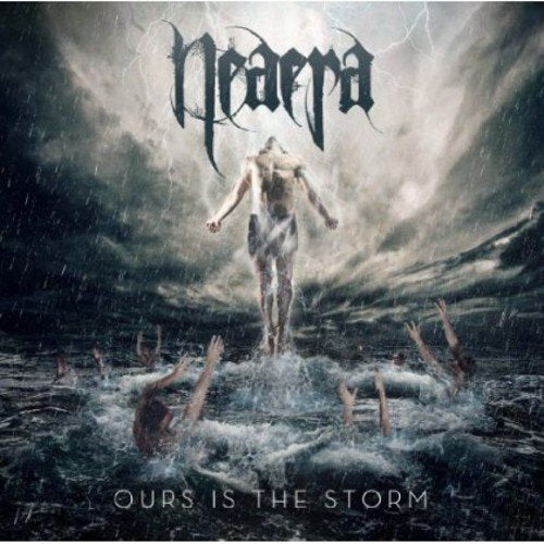 "Album cover art: a man stands in turbulent water, surrounded by reaching hands, under a stormy sky."