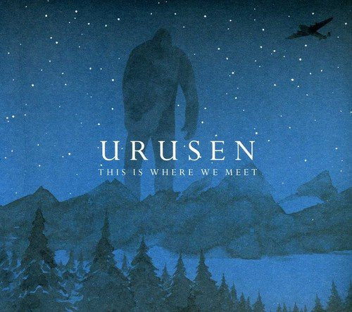 "Album cover art with a silhouette of Bigfoot and an airplane under a starry sky."