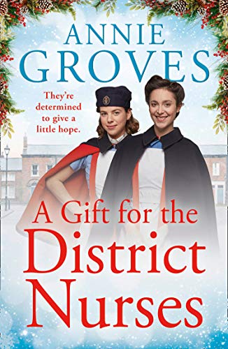 Book cover with two women in nurse uniforms, holly border, and snowy scene.