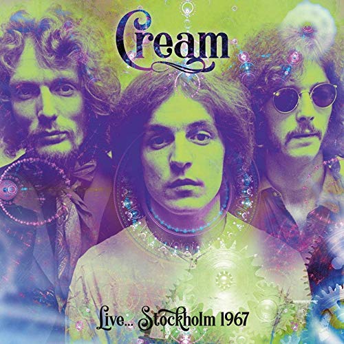Album cover with three men's portraits in purple and green tones, ornate text overlay.