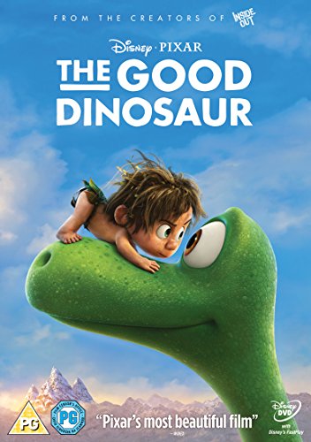 "Image of a green cartoon dinosaur on a blue DVD cover for 'The Good Dinosaur'."