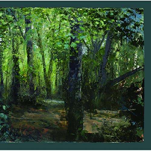 Impressionistic painting of a dense, green forest with tall trees.